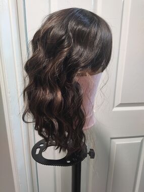 Wavy Bob Bangs Brown Mix Highlight Wig Synthetic Heat Resistant Short Shoulder